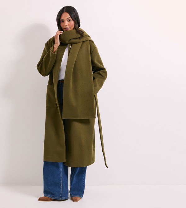 Belted Scarf Detail Long Sleeves Coat
