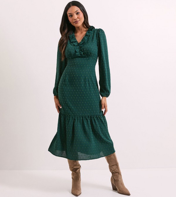 Self Patterned Long Sleeves Chiffon Midi Dress