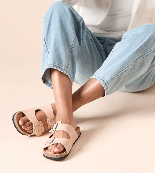Julie Faux Leather Double Buckle Footbed Sandals