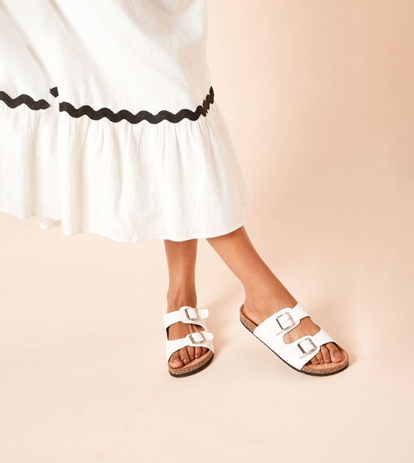 Julie Faux Leather Double Buckle Flat Sandals