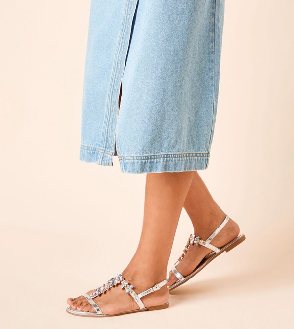 Fuji Metallic Jeweled T Bar Flat Sandals