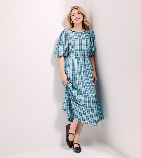 Gingham Patterned Puff Sleeves Tie Back Midi Dress