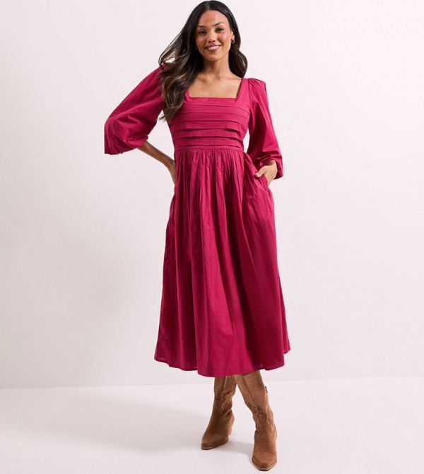 Pleated Bodice Puff Sleeves Midi Dress