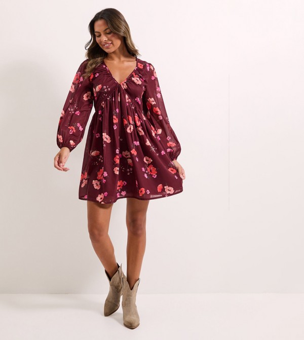 Printed Empire Seam Blouson Sleeves Mini Dress