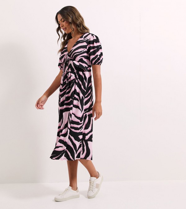 Printed Tie Front Detail Midi Dress