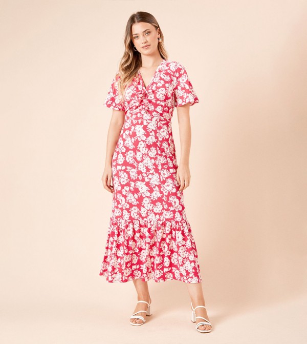Floral Flared Sleeves Tie Front Midi Dress