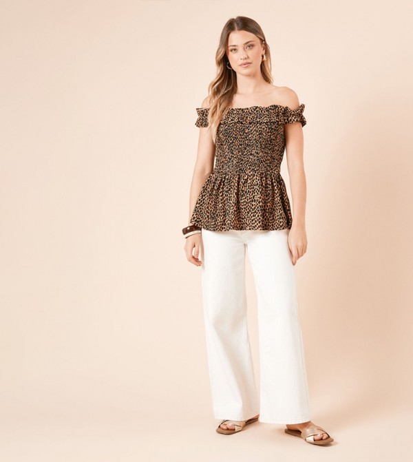 Leopard Shirred Bodice Bardot Peplum Top