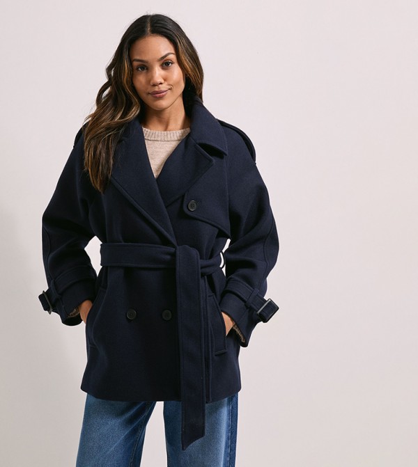 Tab Detail Belted Long Sleeves Coat