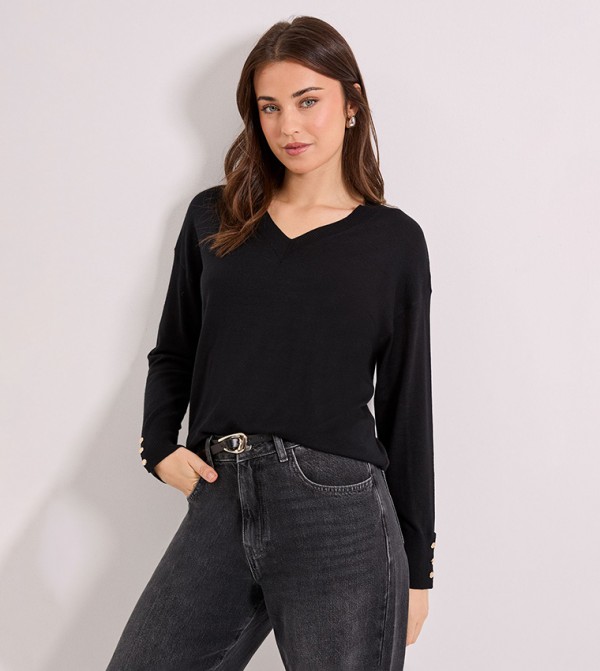 V-Neck Button Cuff Sweater