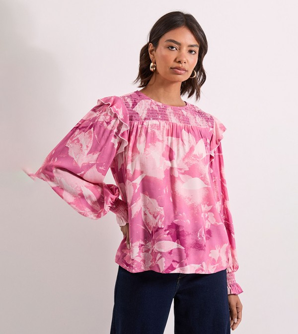 Floral Print Shirred Yoke Frill Detail Top