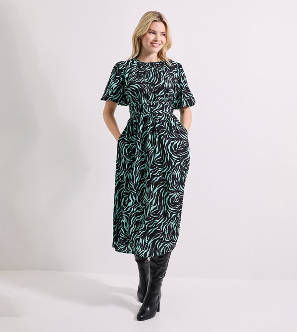 Zebra Printed Dropped Waist Puff Sleeves Midi Dress