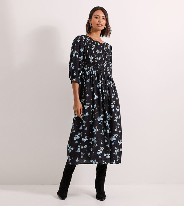 Printed Shirred Bodice Button Detail Midi Dress