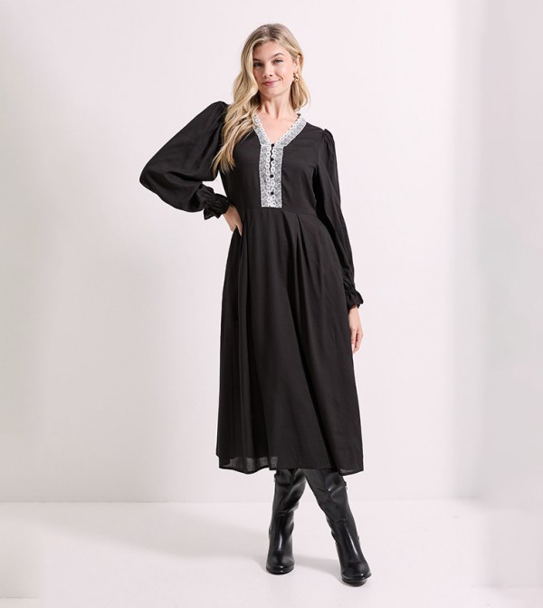 Lace Trim Blouson Sleeves Midi Dress
