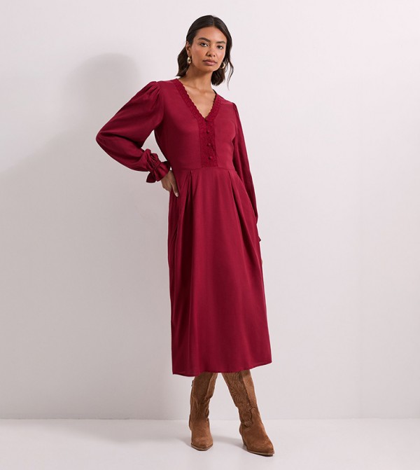 Lace Trim Blouson Sleeves Midi Dress