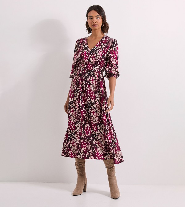 Animal Print Shirred Detail Blouson Sleeves Midi Dress