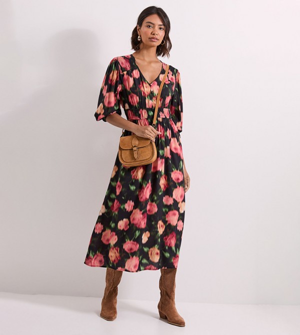 Printed Shirred Detail Blouson Sleeves Midi Dress