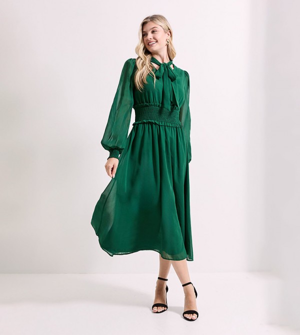 Tie-Up Neck Detail Smocked Waist Midi Dress