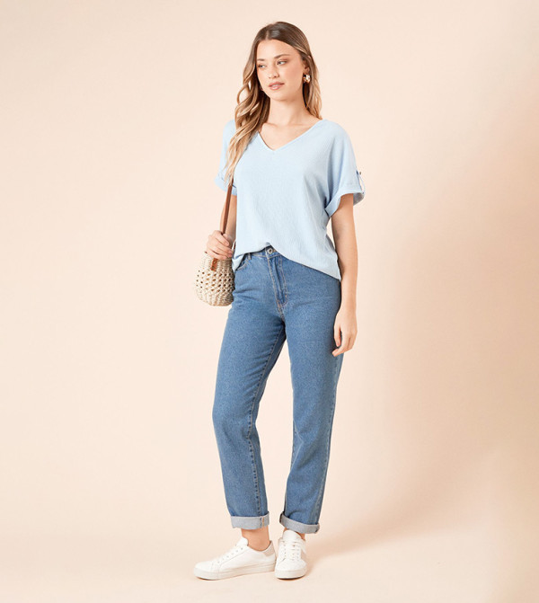 V-Neck Roll Sleeves Jersey Top