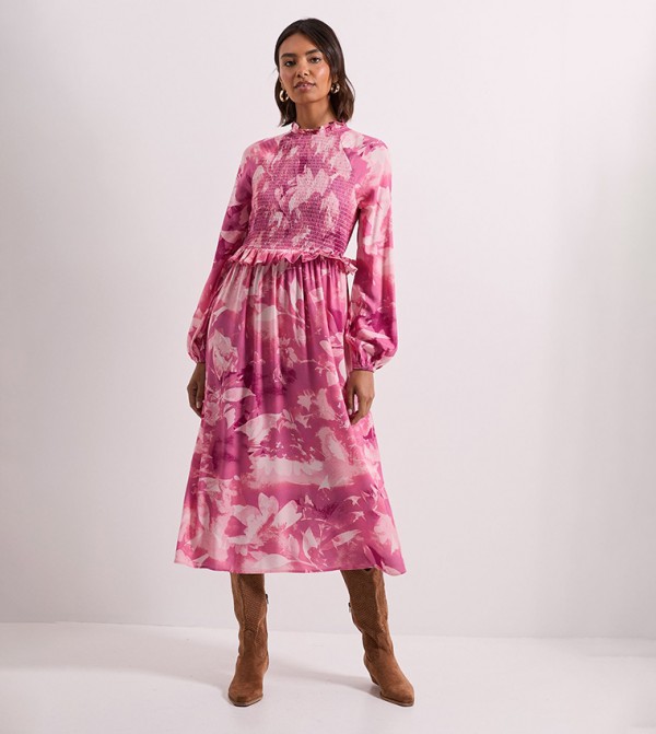 Printed Shirred Bodice Frill Detail Midi Dress