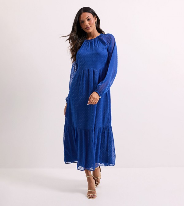 Dobby Chiffon Tiered Blouson Sleeves Midaxi Dress