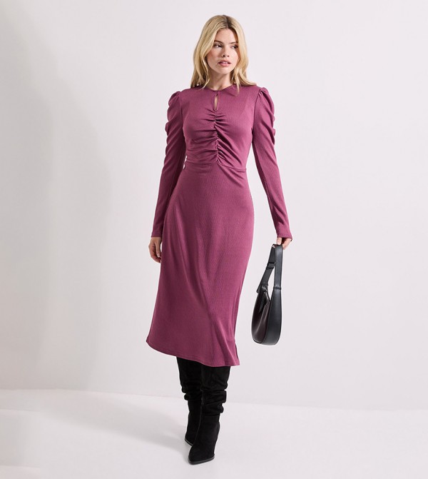 Keyhole Neck Long Sleeves Midi Dress