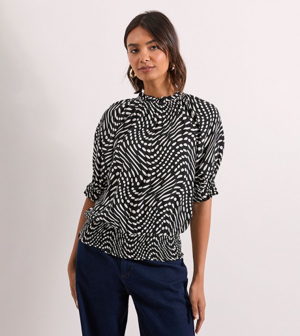 Printed Frill Neck Shirred Cuff Top