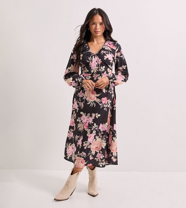 فستان ميدي بطبعة وكم بلوسون 