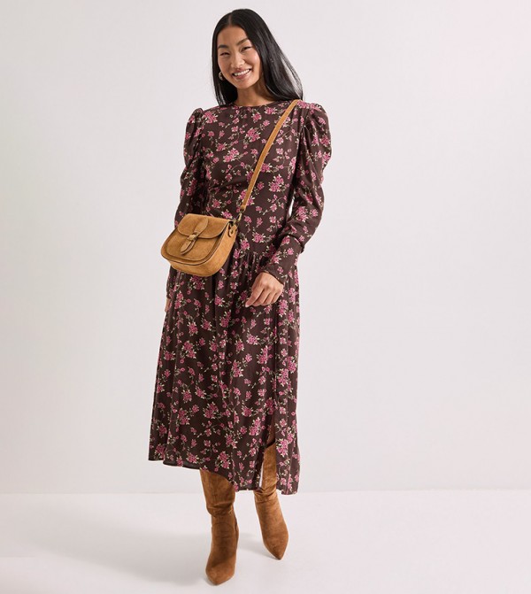 Petite Printed Dropped Waist A-Line Midi Dress