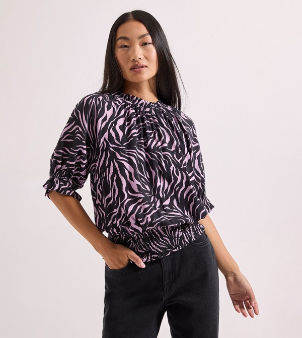 Petite Printed Frill Neck Shirred Cuff Top