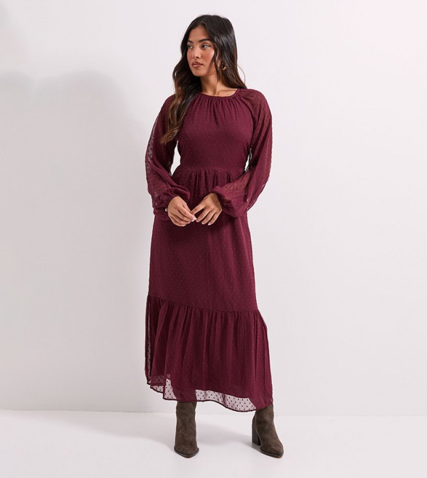Petite Dobby Chiffon Tiered Blouson Sleeves Midaxi Dress