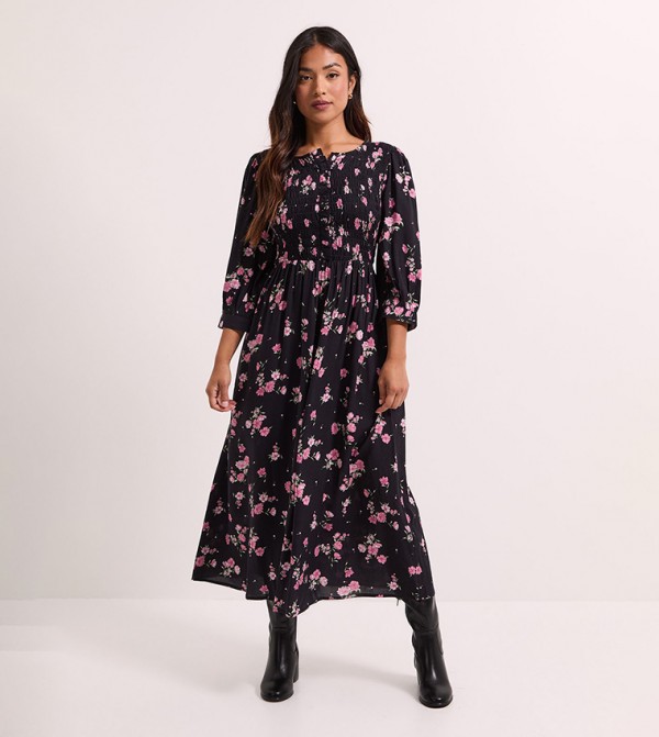 Floral Petite Shirred Bodice Button Detail Midi Dress