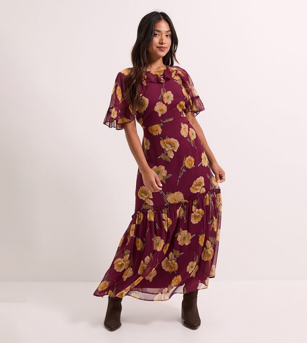 Petite Frill Cape Sleeves Tiered Printed Chiffon Maxi Dress