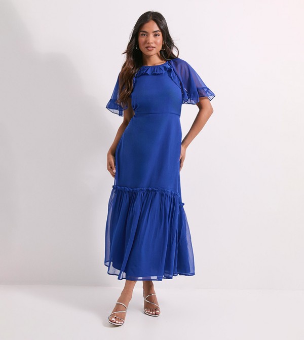 Petite Frill Cape Sleeves Tiered Chiffon Midi Dress