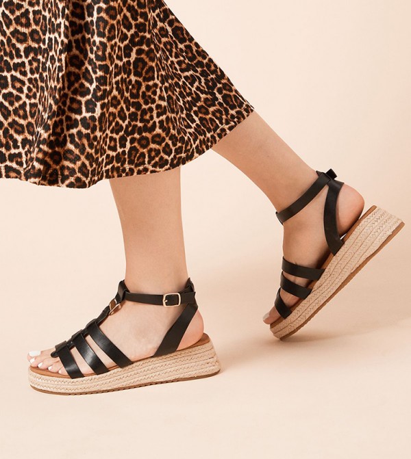 Rover Faux Leather T-Bar Espadrille Wedge Sandals