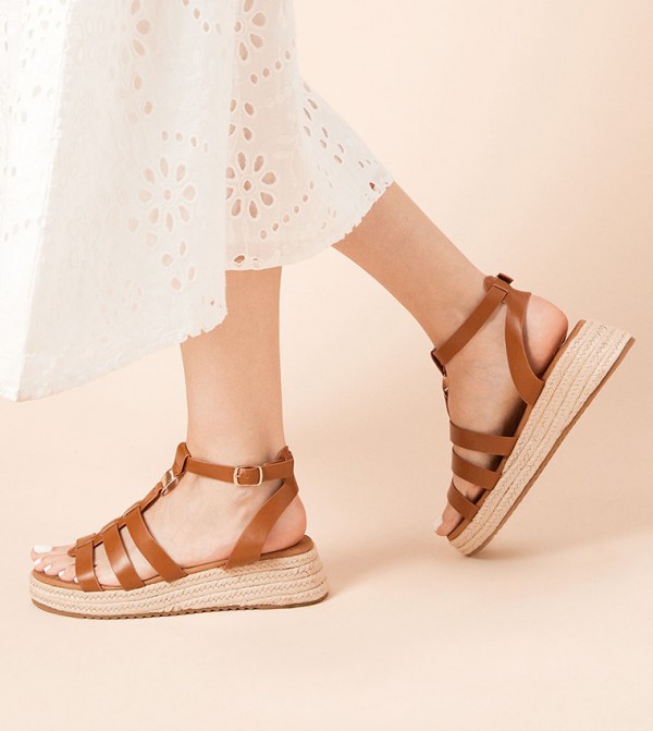 Rover Faux Leather T-Bar Espadrille Wedge Sandals