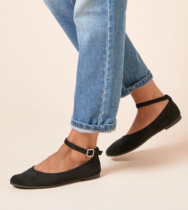Paula Faux Suede Square Toe Ankle Strap Ballerinas