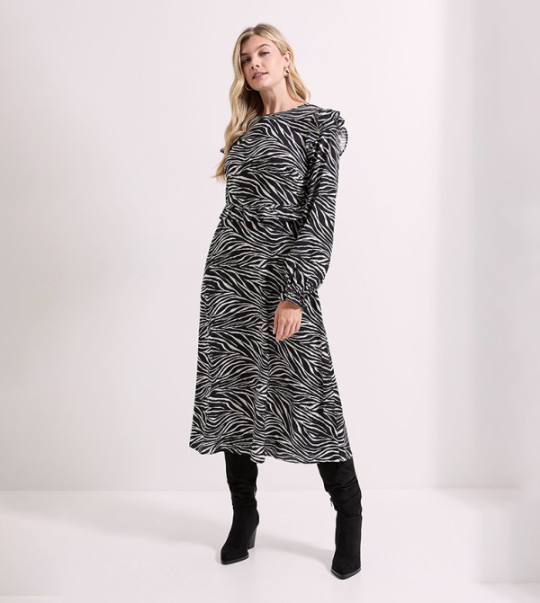 Printed Frill Detail Long Sleeves Midi Dress