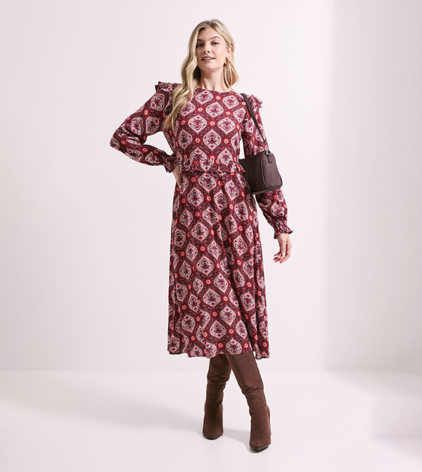 Frill Detail Long Sleeves Midi Dress