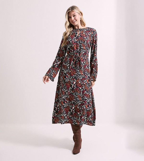 Printed Keyhole Belted Long Sleeves Midi Dress