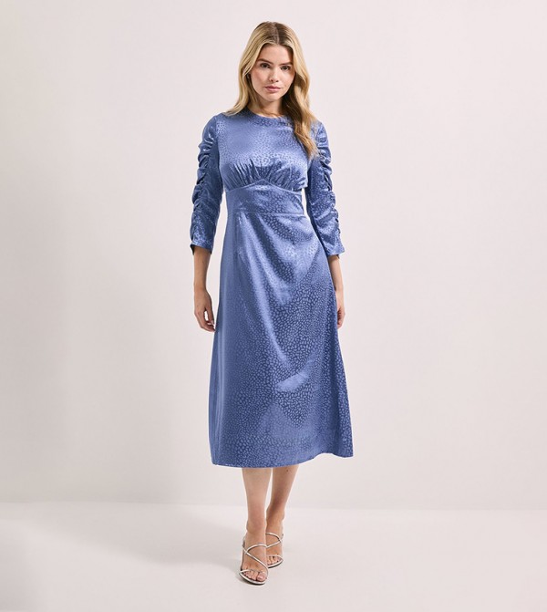 DP Luxe Animal Satin Jacquard Long Sleeves Midi Dress