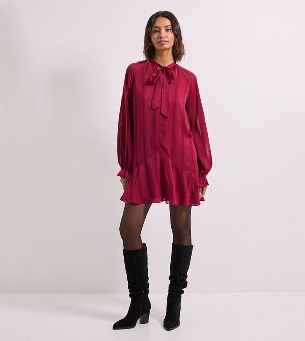 Tie Neck Satin Burnout Tiered Smock Dress