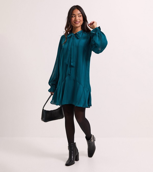 Petite Tie Neck Satin Burnout Tiered Smock Dress