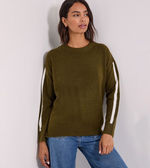 Striped Sleeves Crew Neck Sweater