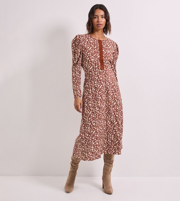 Lace Detail Long Sleeves Printed Midi Dress