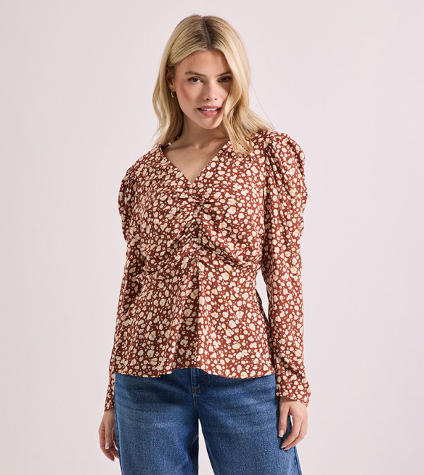 Button Detail Printed Peplum Top