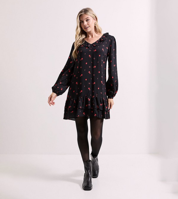 فستان ميني بطبعة ورود صغيرة كم طويل