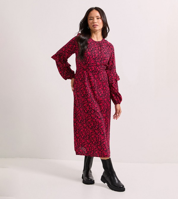 Floral Printed Ruffle Long Sleeves Midi Dress
