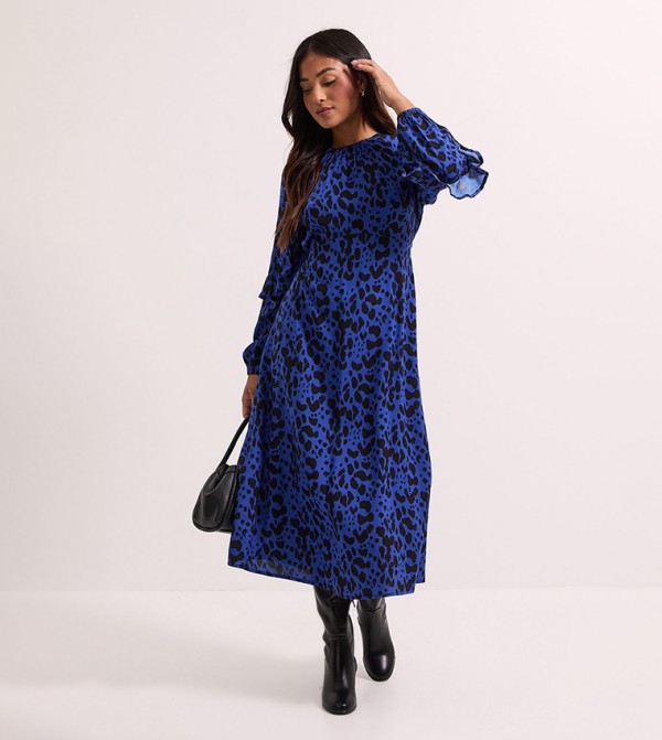 Petite Printed Ruffle Long Sleeves Midi Dress