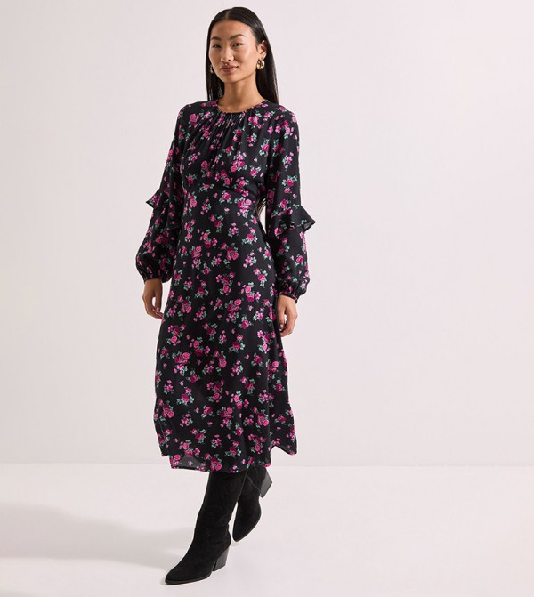Petite Floral Printed Ruffle Long Sleeves Midi Dress
