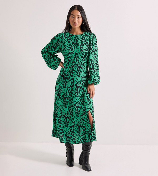 Petite Animal Patterned Split Midi Dress